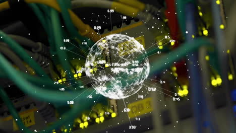 Globo-De-Red-Brillante-Con-Animación-De-Puntos-De-Datos-Sobre-Fondo-De-Cables-De-Servidor