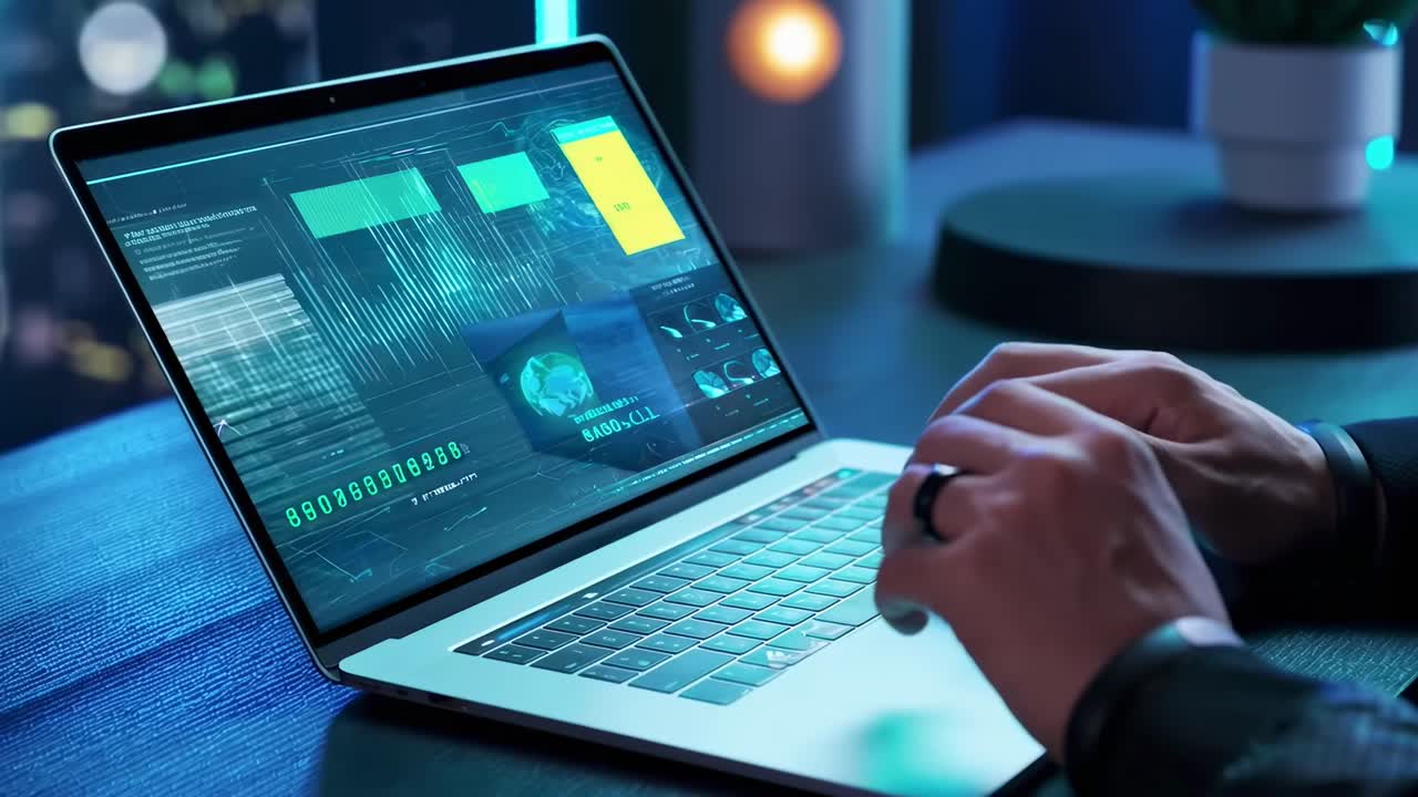 Futuristic video concept with a side angle of hands typing on a laptop, holographic displays