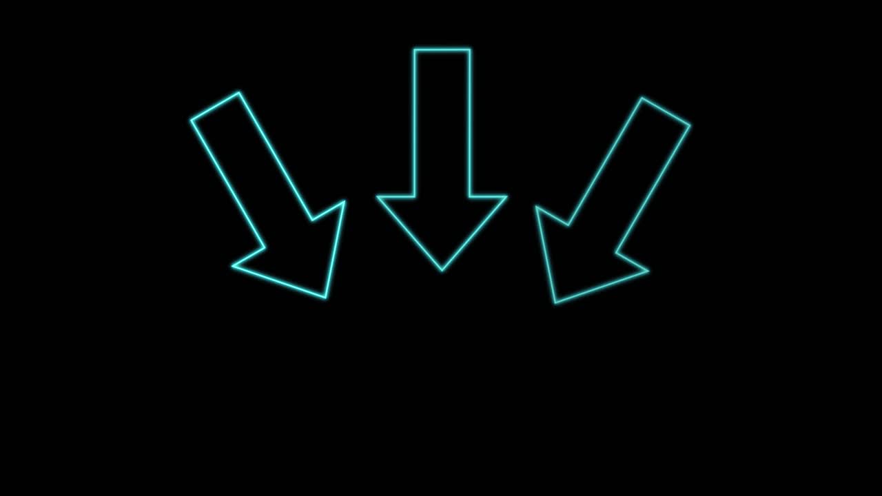 Three outlined blue arrows bounce rhythmically downward on a black background, neon glow effect