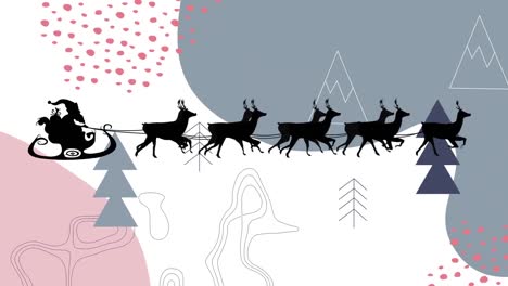 Animation-of-santa-claus-in-sleigh-with-reindeer-over-vector-winter-landscape