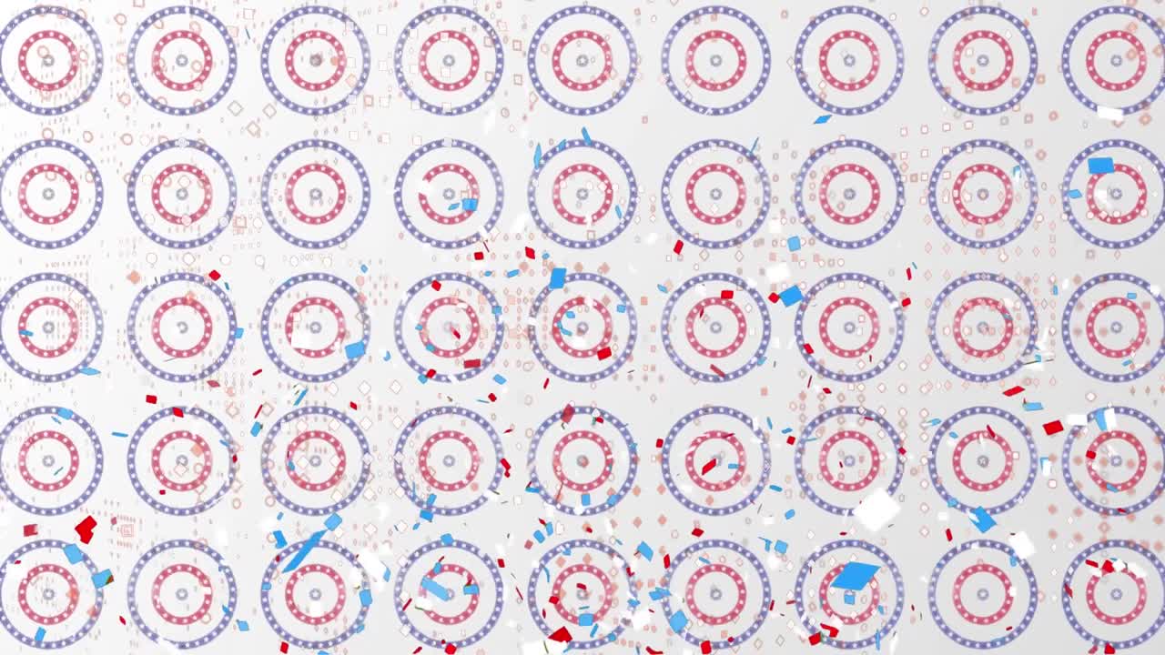 화려한 콘페티가  ⁇  배경에 회전하는 원 위에 여러 개의 별을  ⁇ 고 떨어집니다.