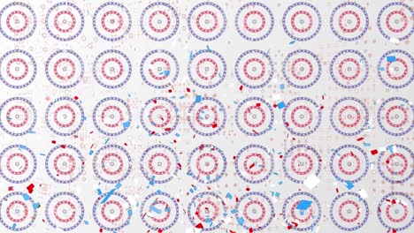 Colorful-confetti-falling-over-multiple-stars-on-spinning-circles-against-white-background