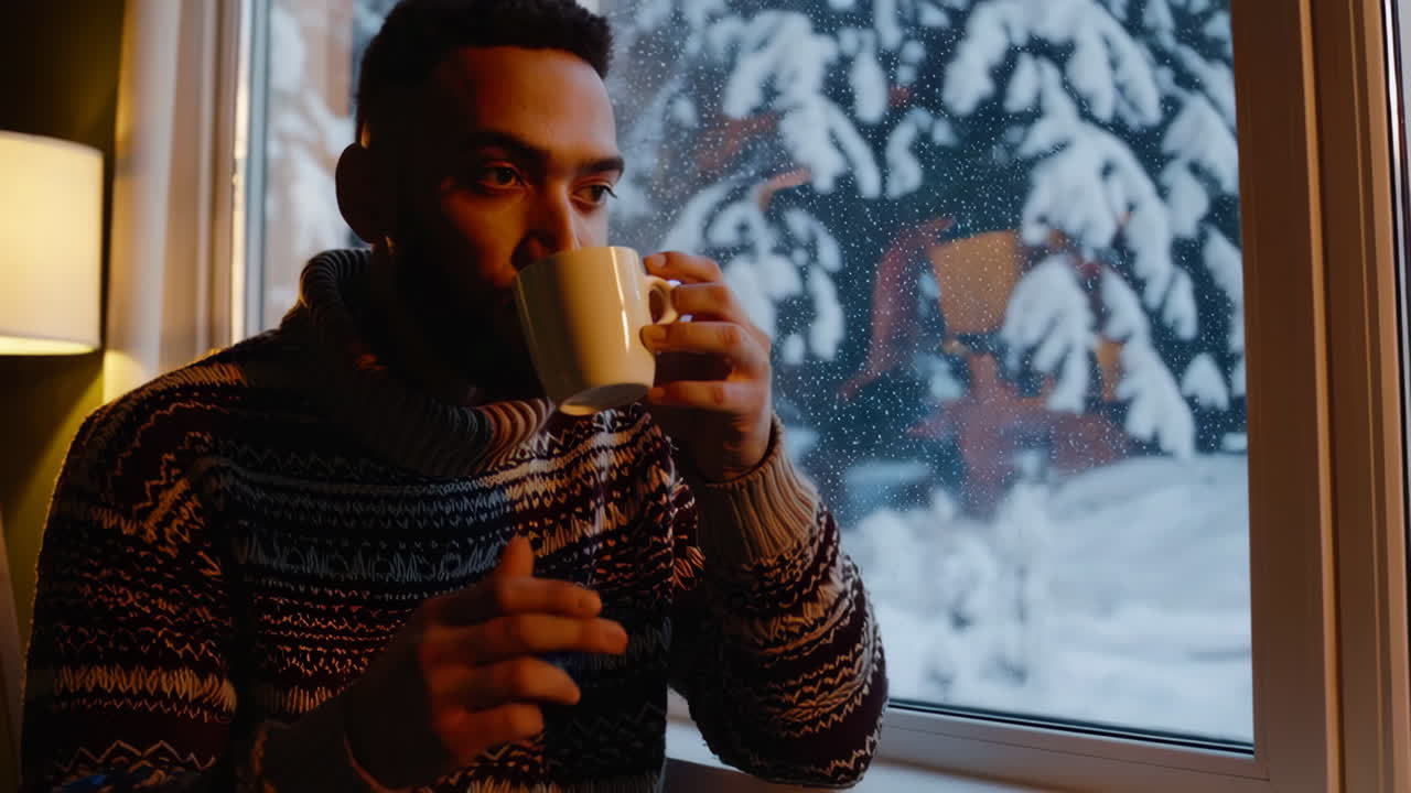 Uomo che beve una bevanda calda alla finestra in una giornata invernale nevosa