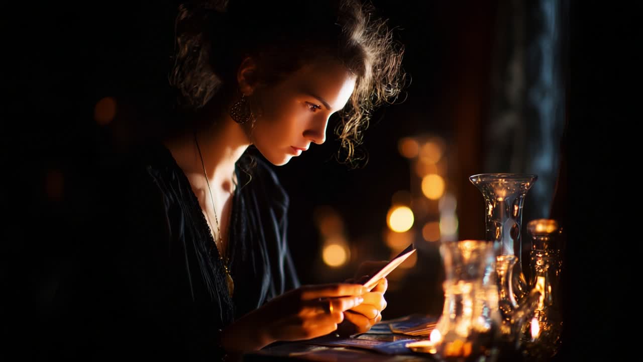 A Mysterious Woman Engaged in Tarot Reading Amidst Flickering Candlelight, Deep in Thought as She Analyzes Symbols, Surrounded by an Enigmatic Atmosphere of Reflection and Insight