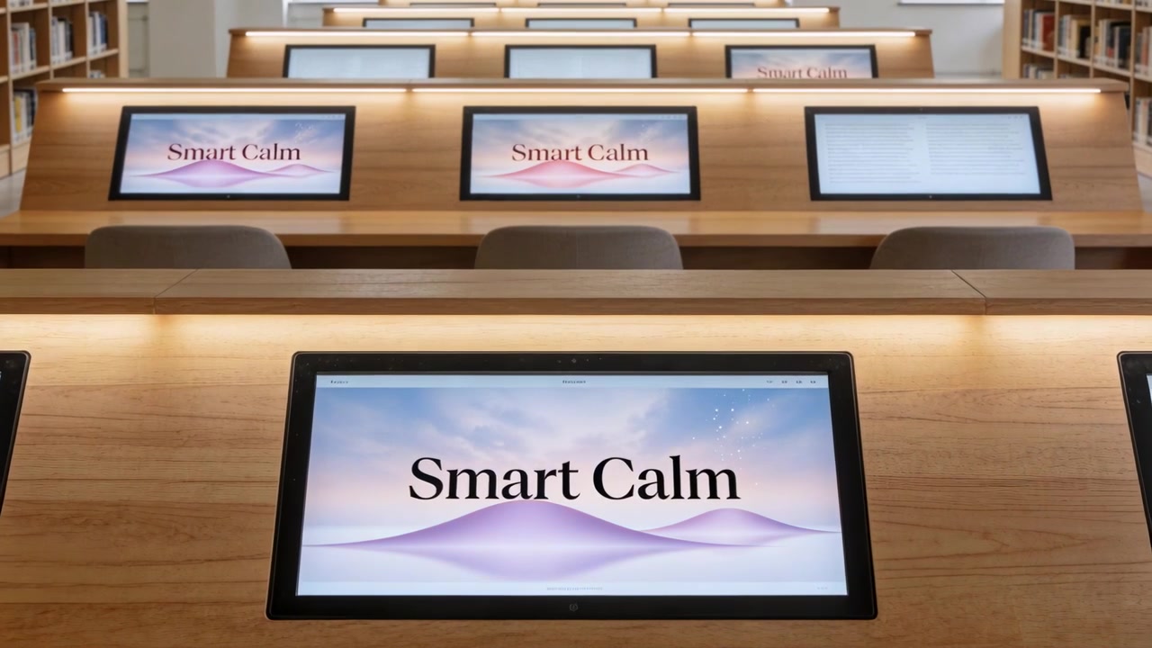 Pulling back, camera revealing front built-in touchscreen in library, showing Smart Calm screens