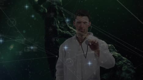 Animation-of-shining-stars-over-caucasian-male-doctor-holding-stethoscope-against-dna-structure