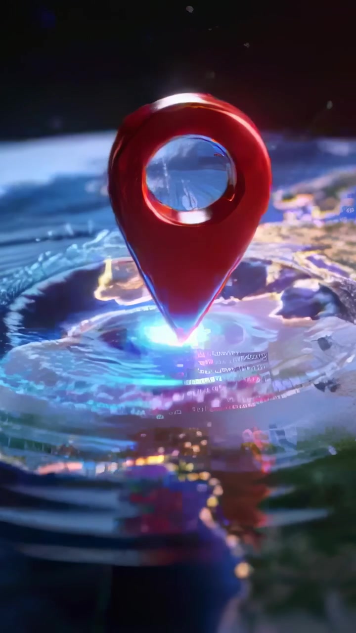 Vertical video: Starting red 3D map-pin dropping onto globe at night, marking spot, sending ripples