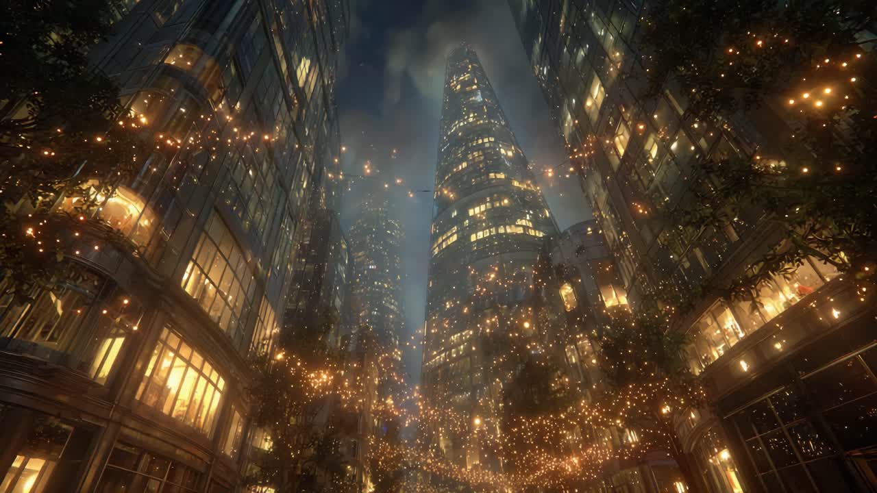 A mesmerizing nighttime scene captures the enchanting glow of fairy lights entwined among towering skyscrapers, illuminating the dark urban landscape in a captivating display of city life