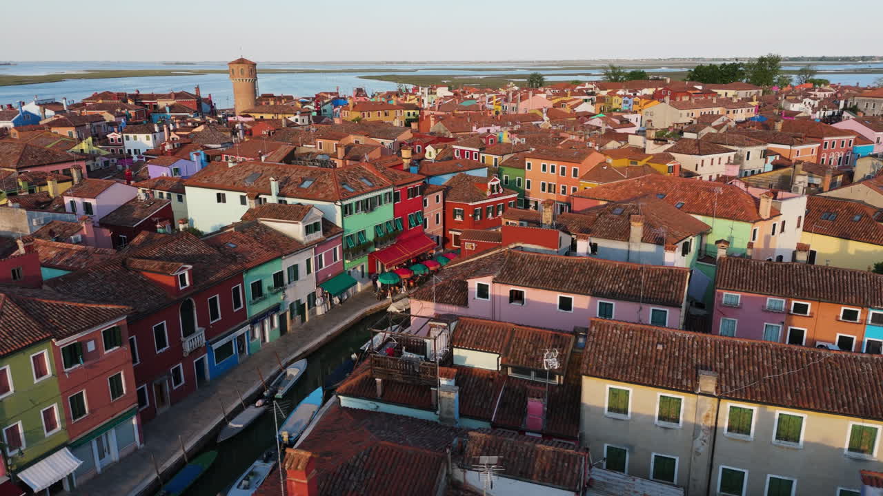 Settlements With Colorful Houses At Sunset In Burano Island, Venetian Lagoon, Italy. Aerial Drone Shot