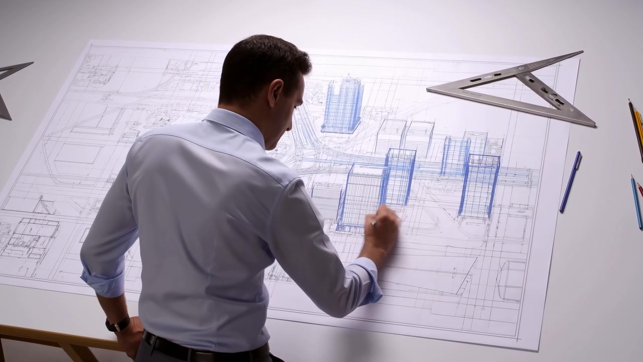 Viewed from above and behind, man steadily adds blue lines to detailed building plans on white paper while metal set squares, pencils, and markers remain arranged around workspace.