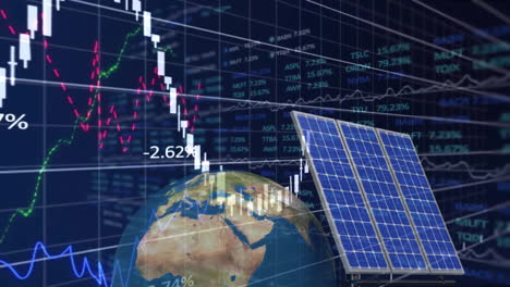 Animation-of-solar-panels-and-globe-over-graphs-and-data-processing-on-black-background