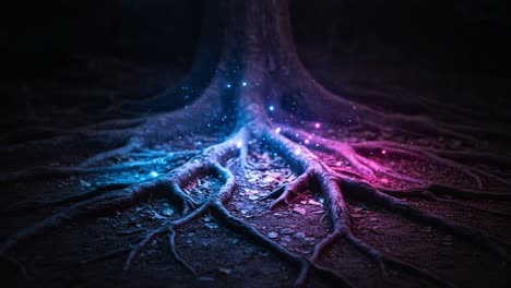 a mystical tree with enchanted roots glowing in ethereal colors, creating a dreamy atmosphere in a dark forest setting