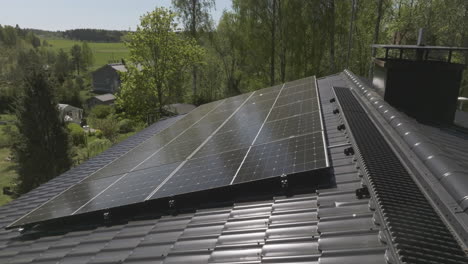 aerial view around solar modules on a detached house roof, beautiful garden