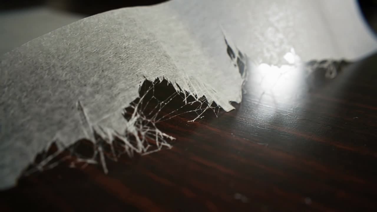 Striscia di nastro bianco che si stacca, il bordo strappato tira filamenti adesivi su legno scuro e lucido, con un riflesso