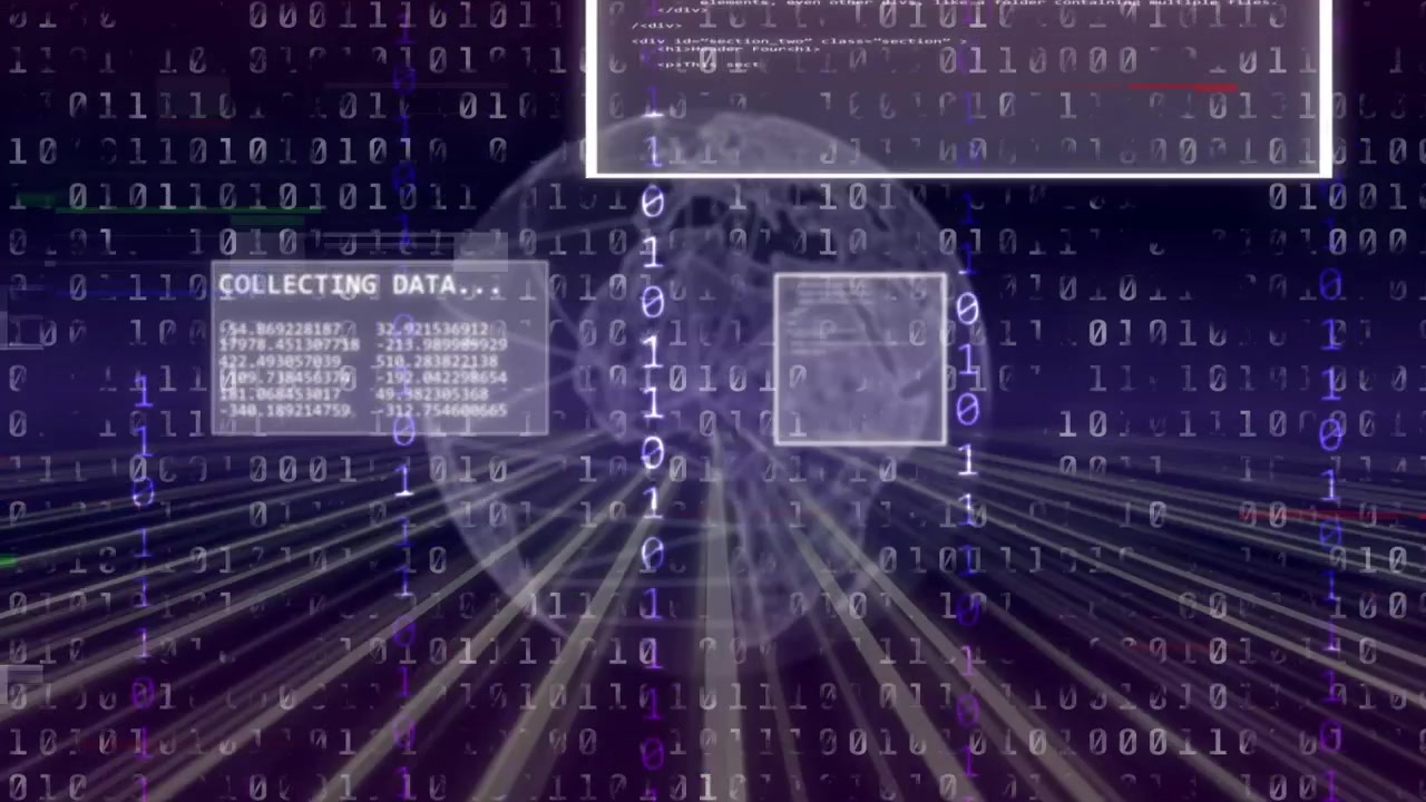 Binary cascade sparking hologram globe emerging, rotating, linking data lanes, UI analysing data