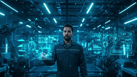 a technician interacting with advanced technology in a futuristic industrial setting, analyzing data and processes in a high-tech environment