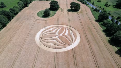 Warminster-crop-circle-2023-aerial-view-flyover-harvested-corn-field-geometric-alien-shapes-on-British-farmland