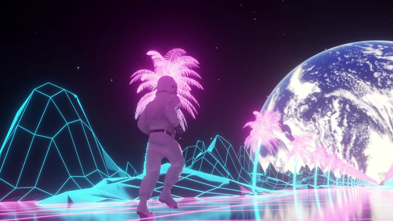 Astronaut løber omgivet af blinkende neonlys. Retro 80'er stil synthwave baggrund