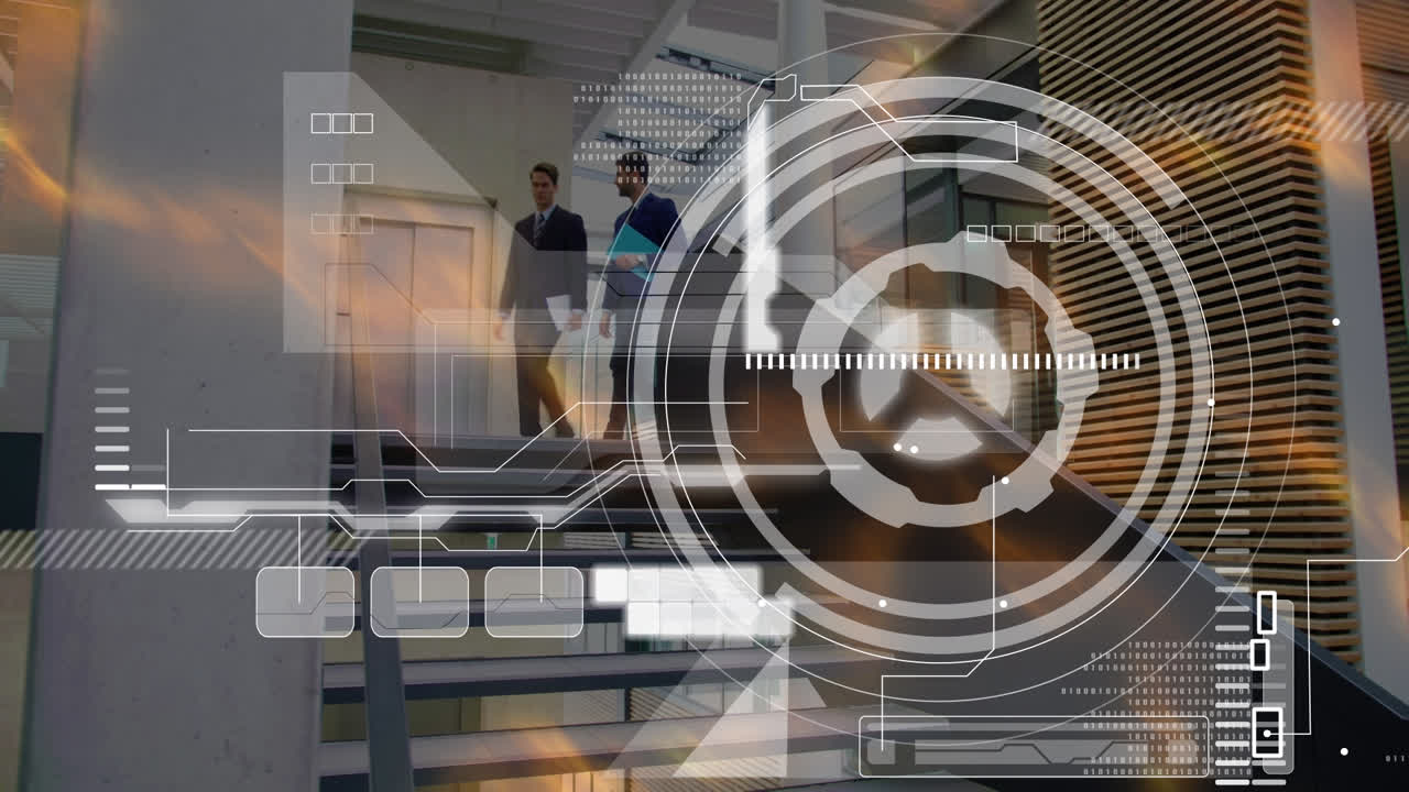 Animation of scope scanning over diverse business people in office