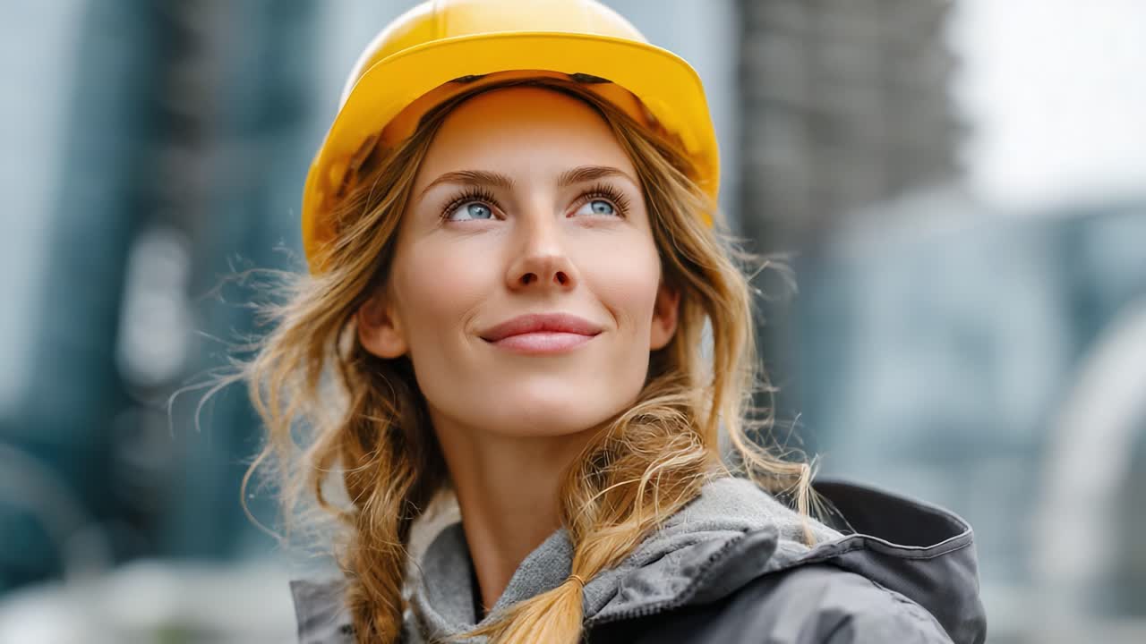 A confident woman in a hard hat gazes upward, embodying determination and professionalism in the construction industry with a backdrop of modern architecture