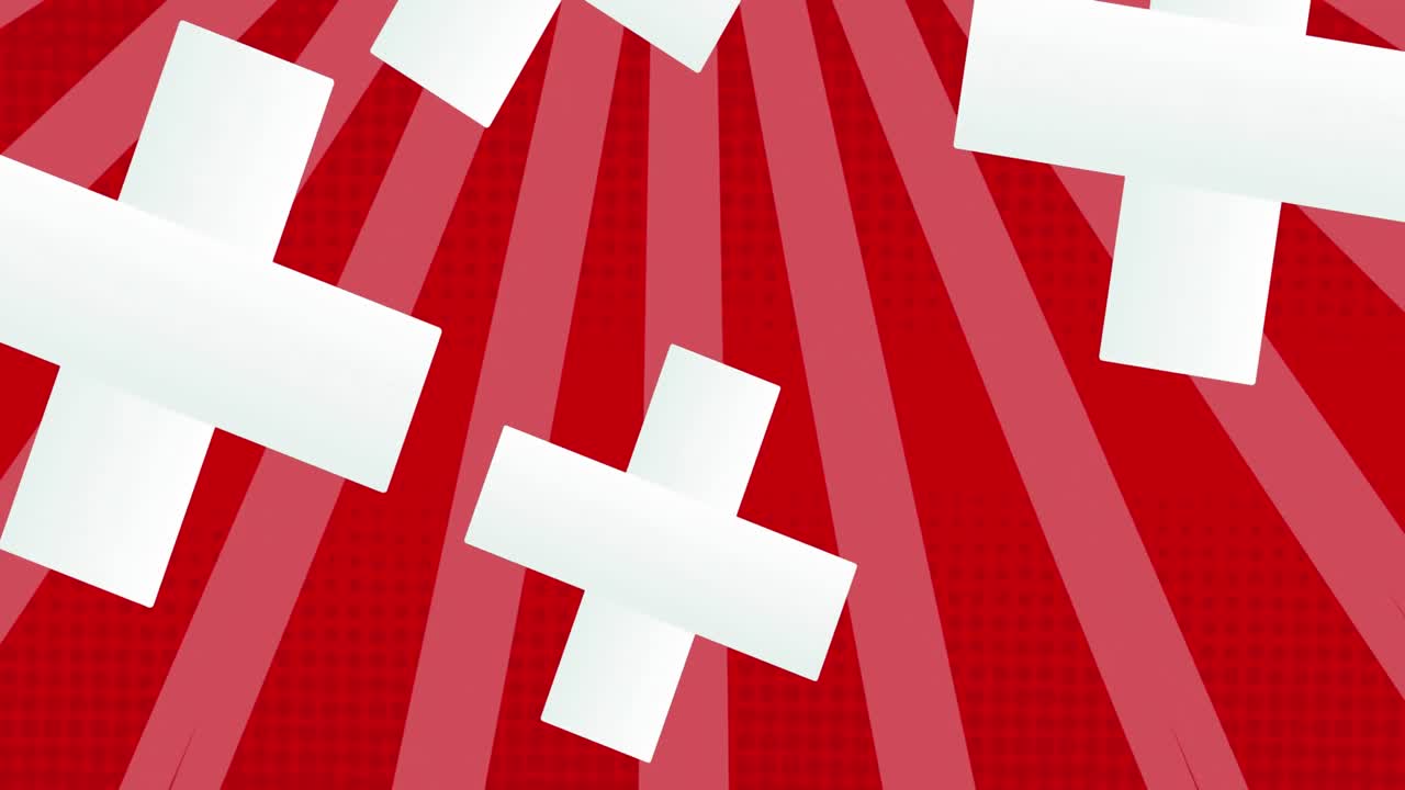 Animation of white crosses falling over red spinning stripes