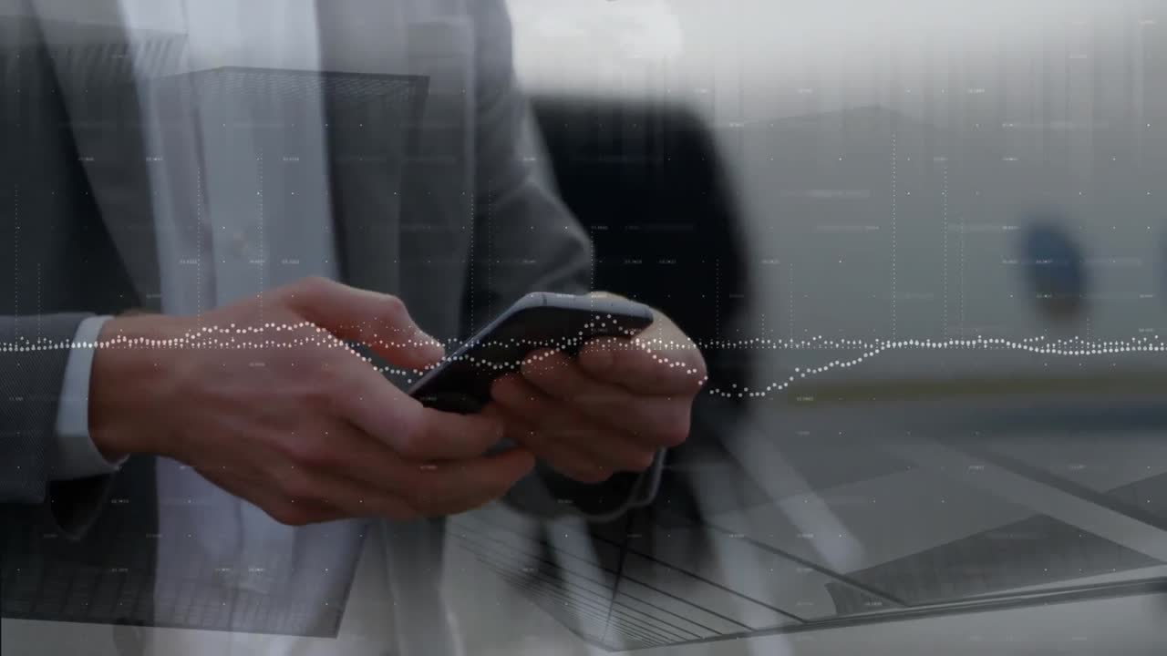 Animation of data processing over caucasian businessman using smartphone