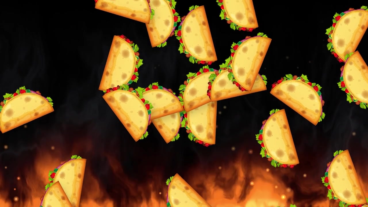 Tacos animati che piovono su uno sfondo scuro con fuoco realistico e fumo che sale.