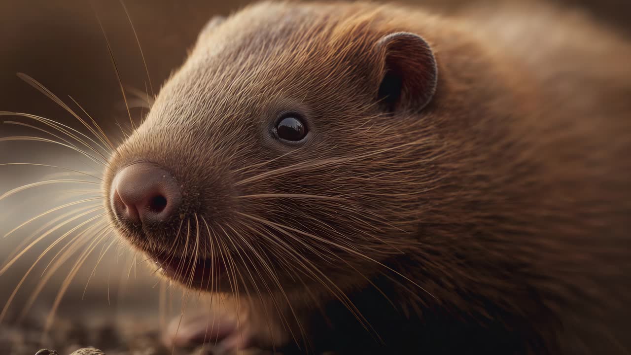 Scent wafting, small brown mammal sniffing on forest floor, investigating scent, whiskers fanning