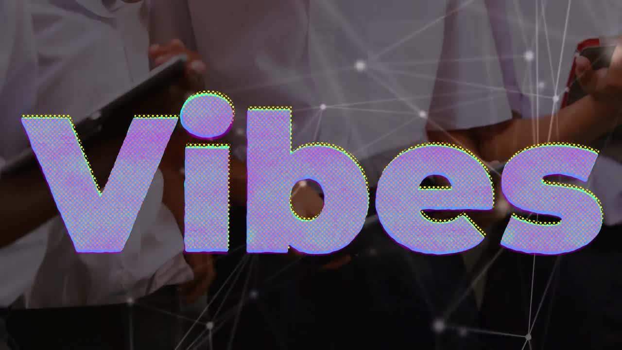 Animation of vibes text over biracial business people using tablet