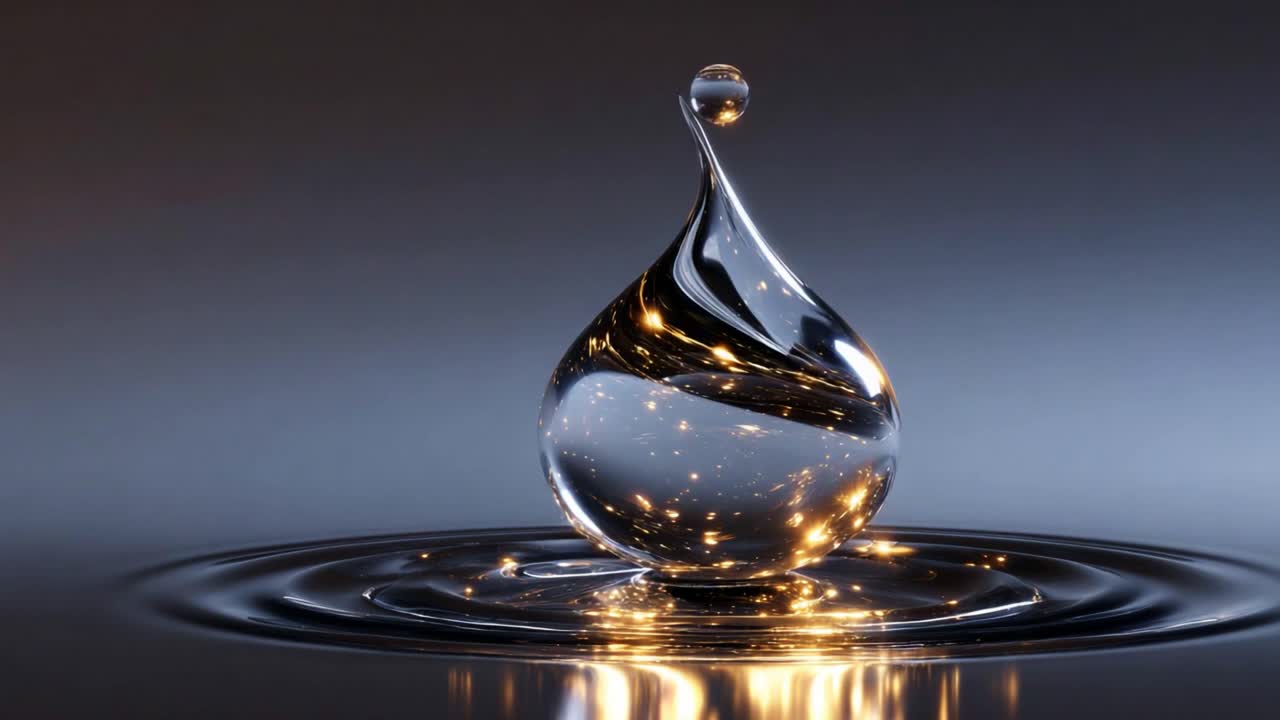Captivating Water Droplet with Sparkling Light Reflections: A Stunning Visual of Fluid Dynamics and Reflection in Motion, Capturing the Essence of Beauty in Nature's Elements