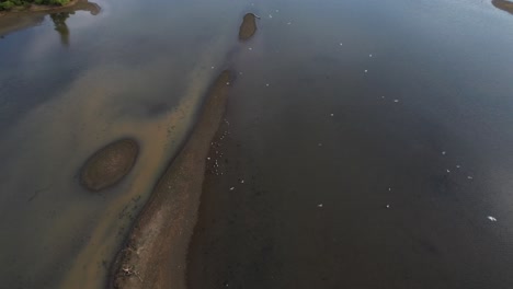 An-aerial-drone-shot-over-a-lake-on-a-sunny-evening