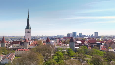 aerial over towers' square park area with view of tallinn old town vanalinn