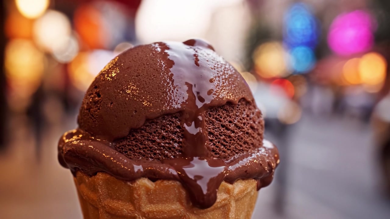 Delicie-se com o Prazer Suave e Cremoso de um Sorvete de Chocolate em Casquinha, Perfeitamente Coberto com Calda de Chocolate Brilhante Contra um Cenário Urbano Vibrante