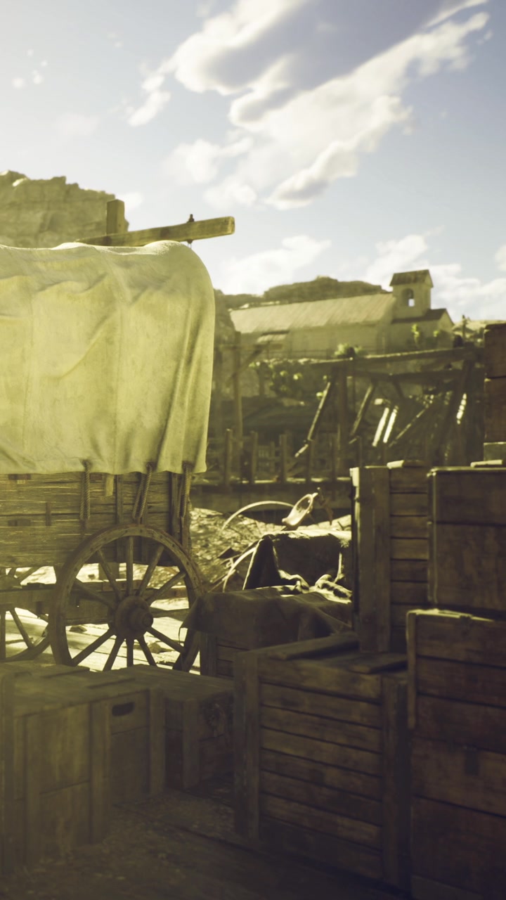Old wooden wagon rests in a rustic setting under the bright sun