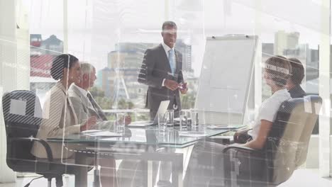 animation of financial data processing over diverse business people having meeting at office