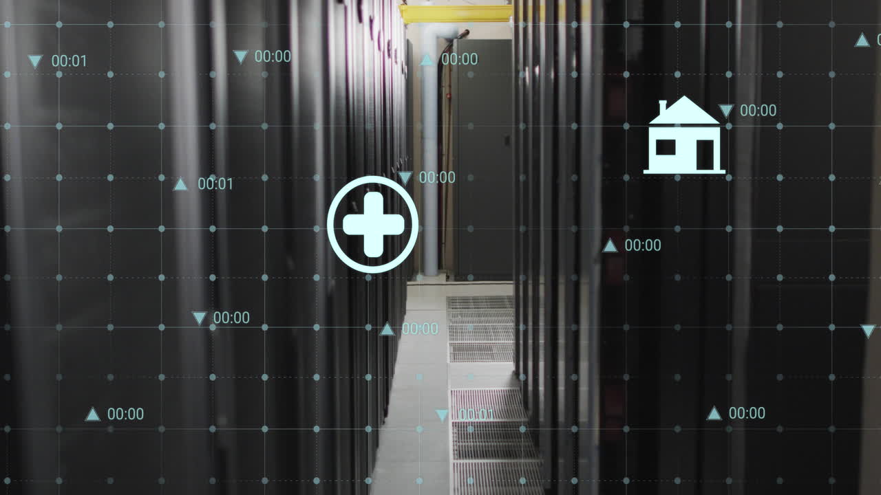 animación de iconos digitales a través de la red de red contra la sala de servidores de computadoras.