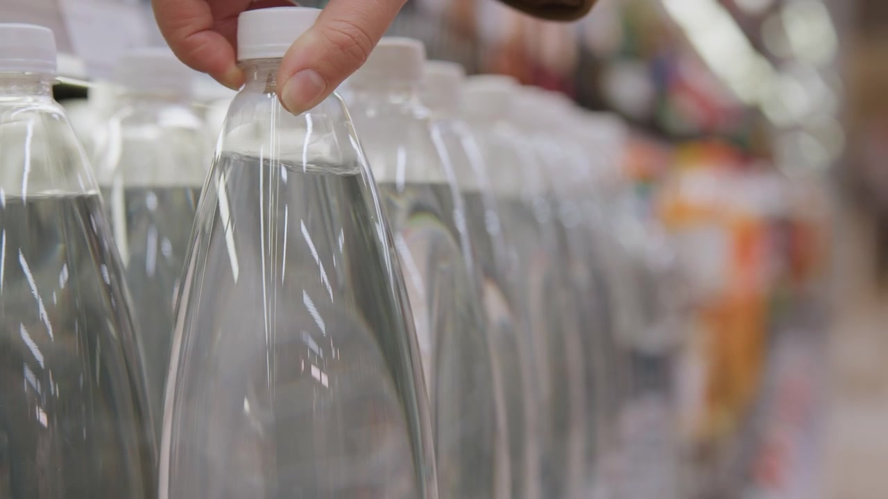 File di bottiglie d'acqua su uno scaffale, primo piano di bottiglie di plastica trasparente e tappi bianchi, sfondo di corsia di supermercato, mano di un acquirente che si allunga per prendere una bottiglia, illuminazione soffusa e riflessi luminosi, scena quotidiana.