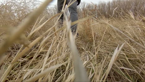 close up of feet walking through tall grass and weeds in slow motion