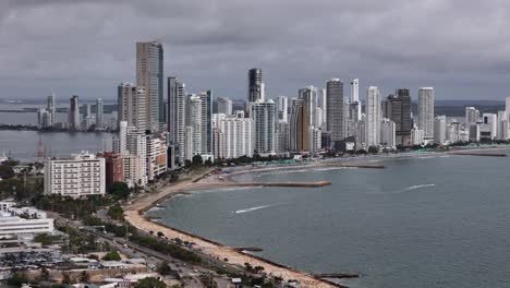 cartagena, colombia. drone shot of bocagrande hotels and beaches, coastal traffic and caribbean sea