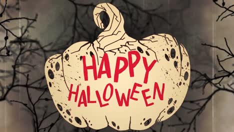 animación de feliz halloween y calabaza sobre ramas en fondo beige