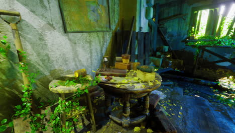 abandoned room filled with overgrown plants and rustic furniture