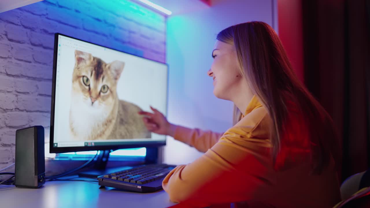 Young girl looking at the screen of a computer. Beautiful woman sitting at the table and touching the monitor with the cat image.