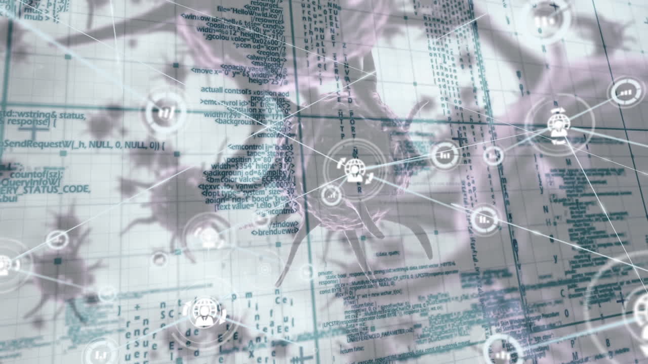 red de iconos digitales y procesamiento de datos sobre múltiples células de covid-19 en fondo gris