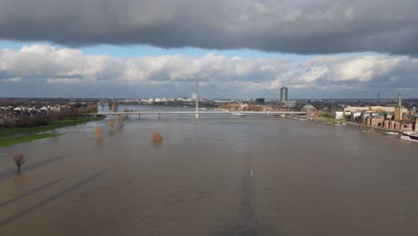 the rhein river at dusk, dusseldorf, germany