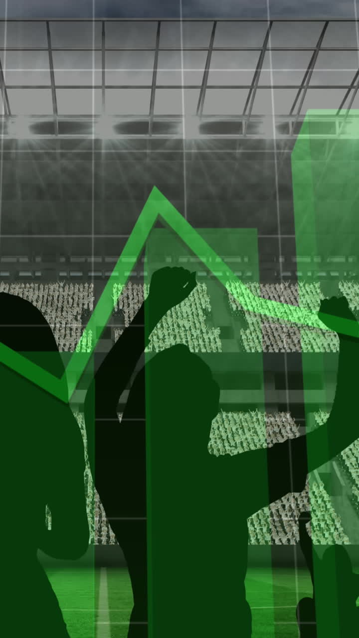 animación de gráficos verdes y procesamiento de datos sobre los aficionados en el estadio deportivo