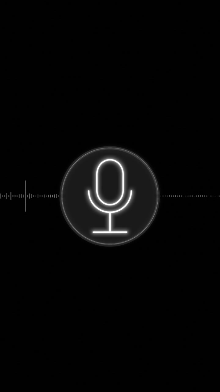 Sfondo bianco con simbolo di microfono luminoso e anelli, forma d'onda audio animata per intro di podcast