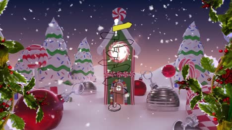 animación de nieve cayendo sobre carteles de dirección y decoraciones navideñas en el paisaje de invierno