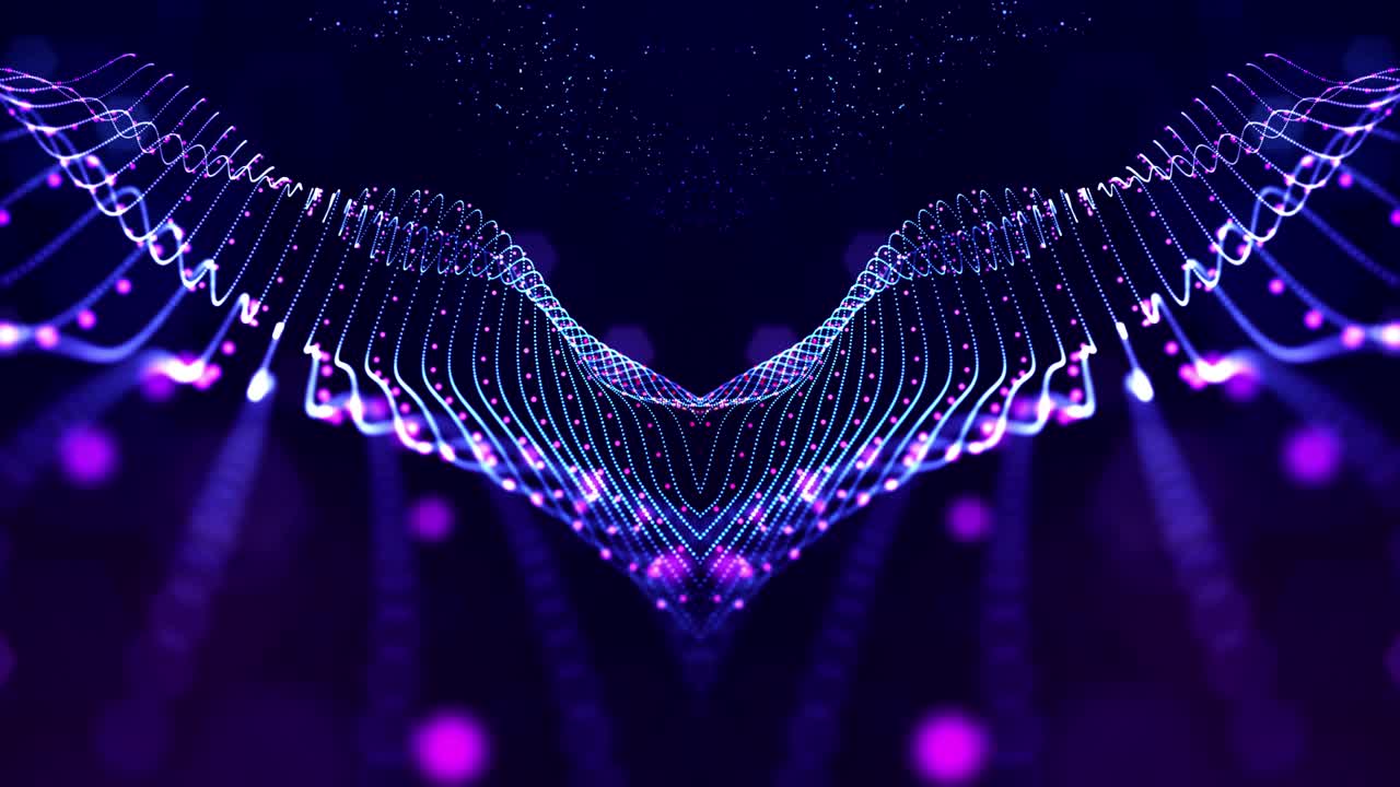 Glow blue particles form lines, symmetrical structures like in microworld or cosmic space. 4k looped sci-fi 3d abstract background. For holiday presentations, ceremonies as vj loop motion design 9