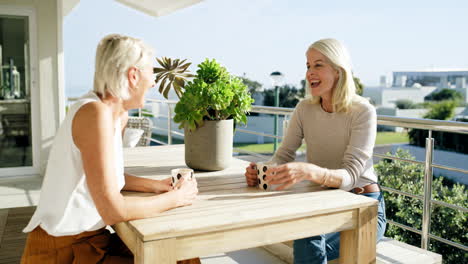 senior woman, friends and conversation with coffee