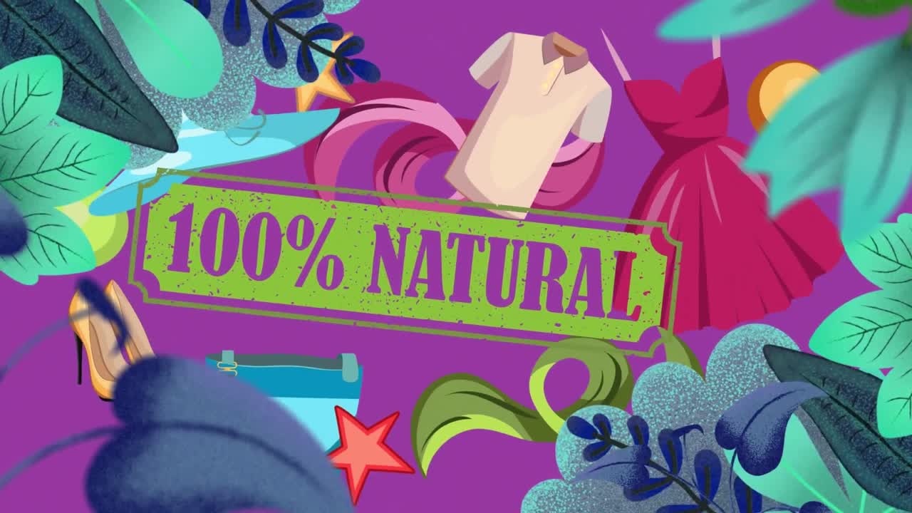 animación de texto natural y icono de ropa sobre fondo púrpura